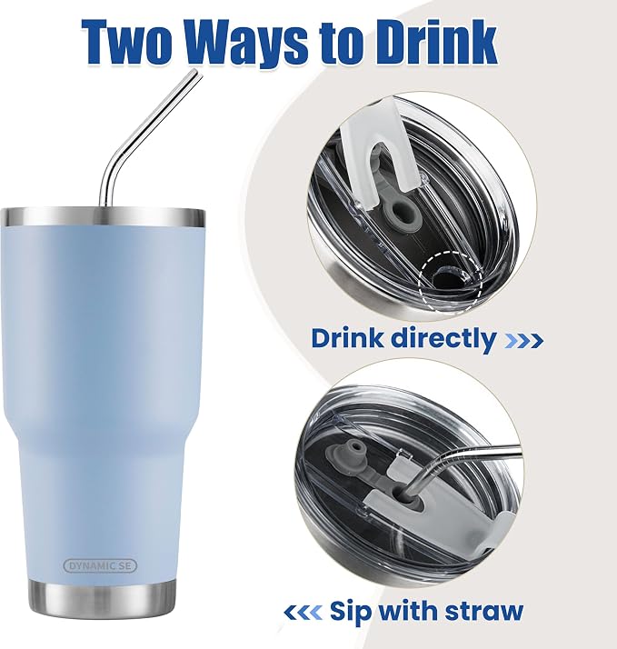 D·S 30oz Blue Tumbler Stainless Steel Double Wall Vacuum Insulated Mug with Straw and Lid, Cleaning Brush for Cold and Hot Beverages - Image 3