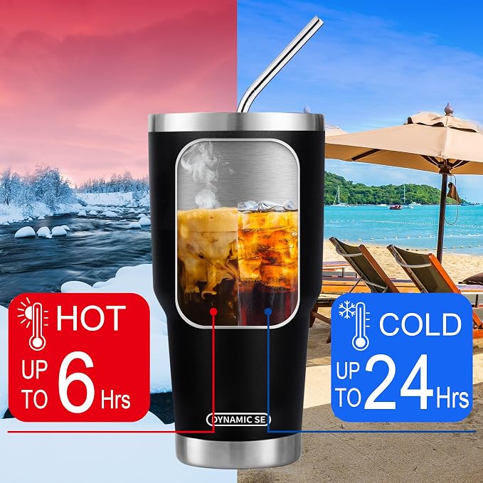 D·S 30 oz Black Tumbler Stainless Steel Double Wall Vacuum Insulated Mug with Straw and Lid, Cleaning Brush for Cold and Hot Beverages - Image 4