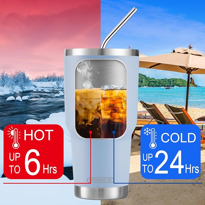 D·S 30oz Blue Tumbler Stainless Steel Double Wall Vacuum Insulated Mug with Straw and Lid, Cleaning Brush for Cold and Hot Beverages - Image 4