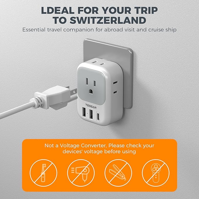 Switzerland Power Adapter 2 Pack, TESSAN Type J Adaptor - Image 6