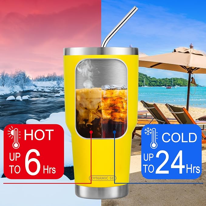 D·S 30oz Yellow Tumbler Stainless Steel Insulated Travel Mug with Straw Lid Cleaning Brush (30oz Yellow) - Image 4