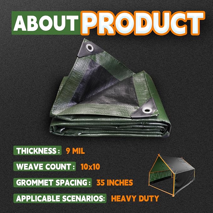 20x20 Feet Tarp Waterproof, 9Mil Thick, Finished Size Tarps, UV Resistant - Image 6